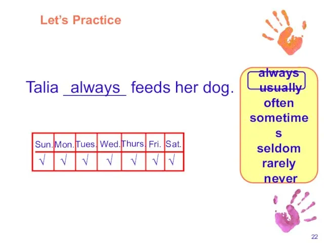 Talia _______ feeds her dog. Sun. Mon. Tues. Wed. Thurs.