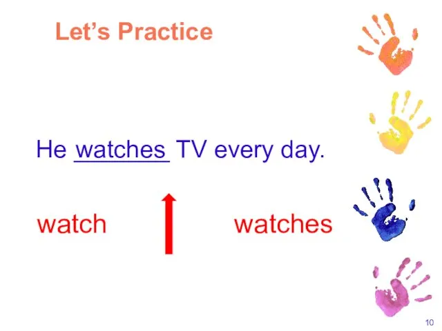 He _______ TV every day. watch watches watches Let’s Practice