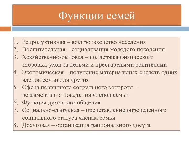 Функции семей Репродуктивная – воспроизводство населения Воспитательная – социализация молодого