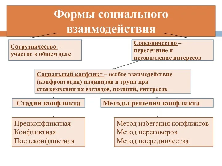 Формы социального взаимодействия Сотрудничество – участие в общем деле Стадии