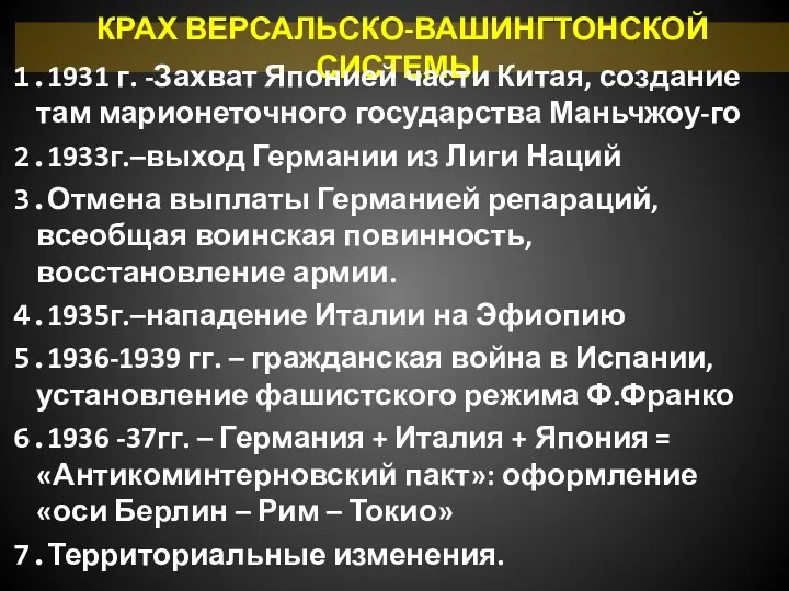 КРАХ ВЕРСАЛЬСКО-ВАШИНГТОНСКОЙ СИСТЕМЫ. 1931 г. -Захват Японией части Китая, создание