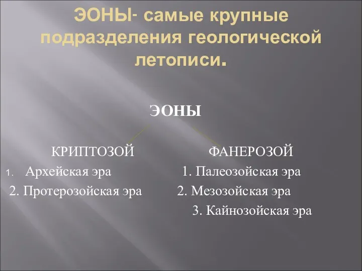 ЭОНЫ- самые крупные подразделения геологической летописи. ЭОНЫ КРИПТОЗОЙ ФАНЕРОЗОЙ Архейская