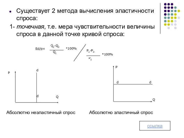 Существует 2 метода вычисления эластичности спроса: 1- точечная, т.е. мера чувствительности величины спроса