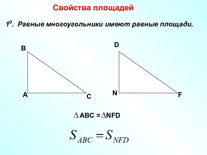 Свойства площадей 10. Равные многоугольники имеют равные площади. А В С