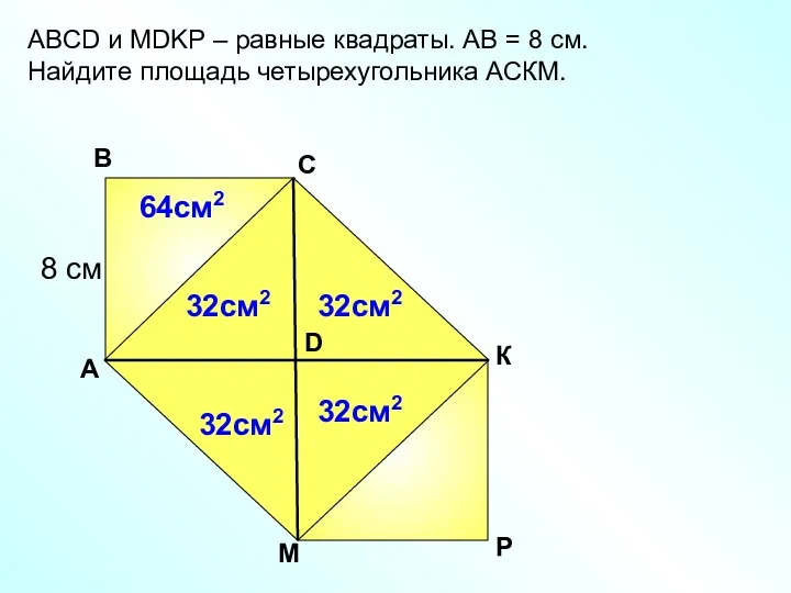 АBCD и MDKP – равные квадраты. АВ = 8 см.