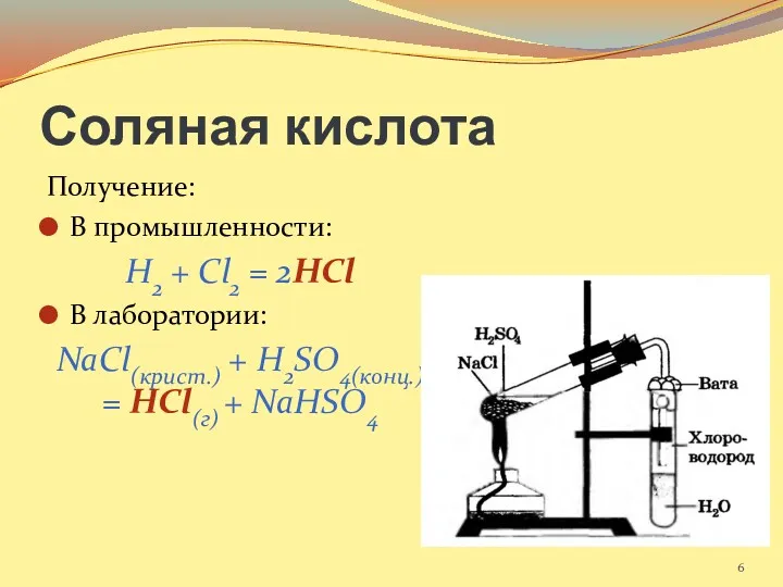 Соляная кислота Получение: В промышленности: H2 + Cl2 = 2HCl