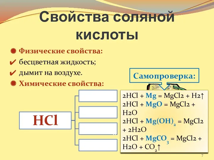 Свойства соляной кислоты Физические свойства: бесцветная жидкость; дымит на воздухе.