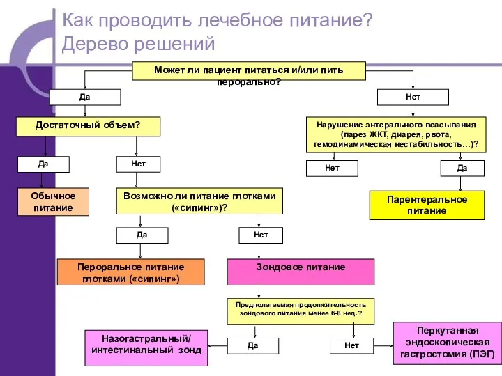 Как проводить лечебное питание? Дерево решений Может ли пациент питаться