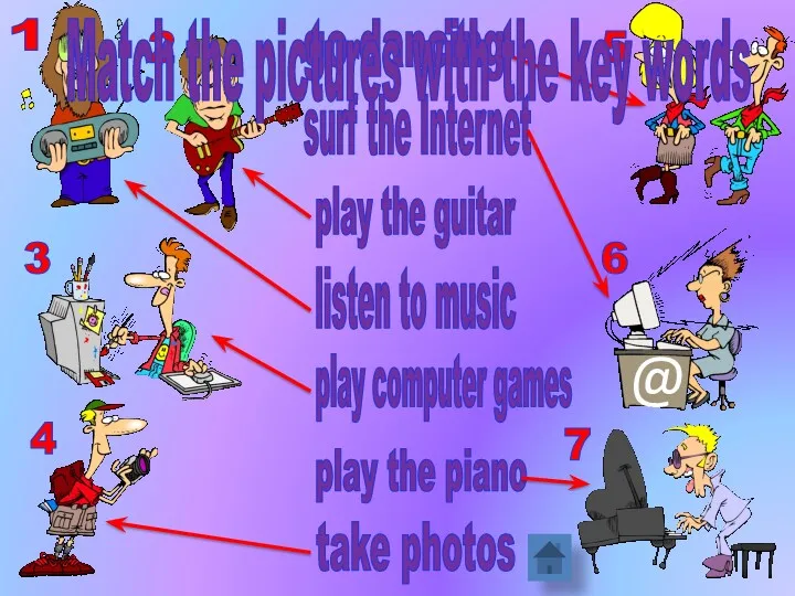 go dancing surf the Internet listen to music play computer
