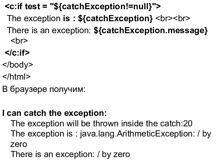 The exception is : ${catchException} There is an exception: ${catchException.message}