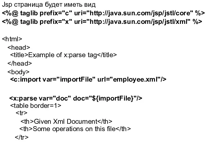 Jsp страница будет иметь вид Example of x:parse tag Given