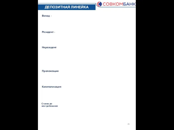 Вклад - Резидент - Нерезедент Пролонгация Капитализация Ставка до востребования ДЕПОЗИТНАЯ ЛИНЕЙКА