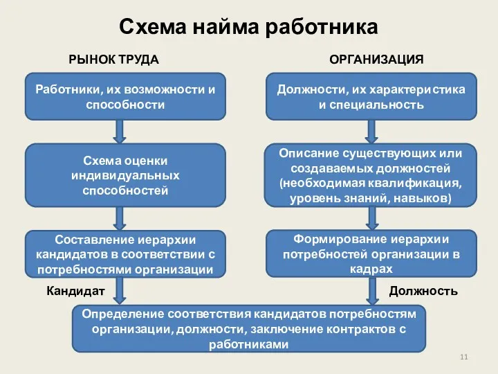 Схема найма работника РЫНОК ТРУДА ОРГАНИЗАЦИЯ Работники, их возможности и