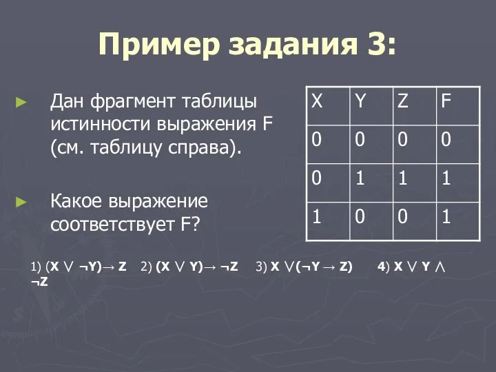 Пример задания 3: Дан фрагмент таблицы истинности выражения F (см.