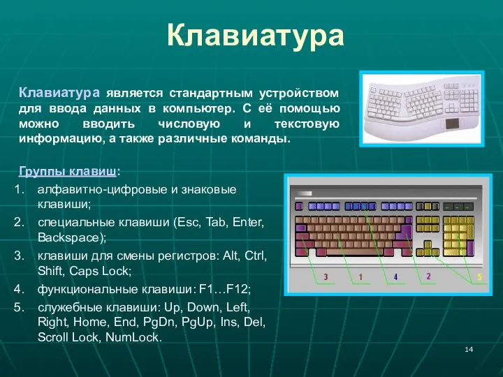 Клавиатура Клавиатура является стандартным устройством для ввода данных в компьютер.
