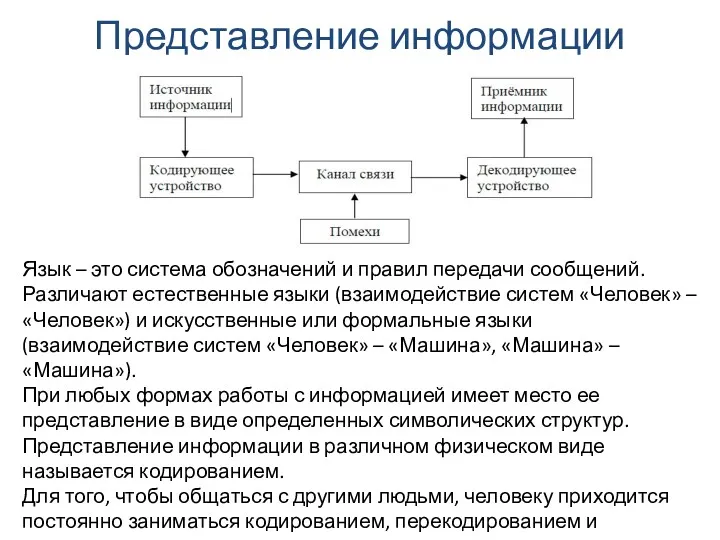 Представление информации Язык – это система обозначений и правил передачи