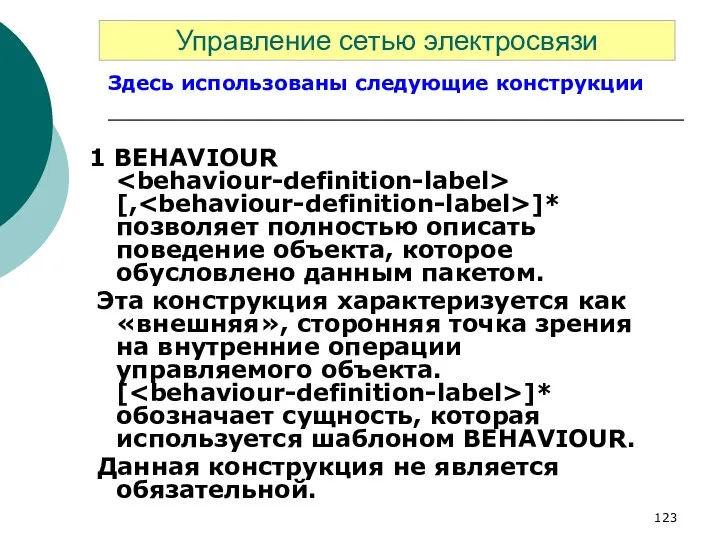 Здесь использованы следующие конструкции 1 BEHAVIOUR [, ]* позволяет полностью