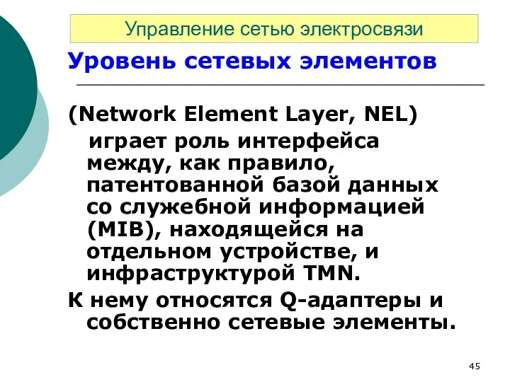 Уровень сетевых элементов (Network Element Layer, NEL) играет роль интерфейса