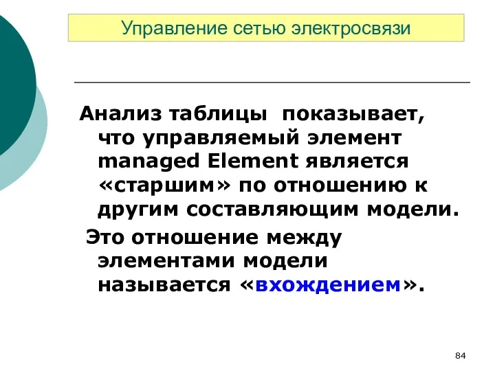 Анализ таблицы показывает, что управляемый элемент managed Element является «старшим»