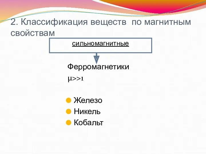 2. Классификация веществ по магнитным свойствам Ферромагнетики μ>>1 Железо Никель Кобальт сильномагнитные