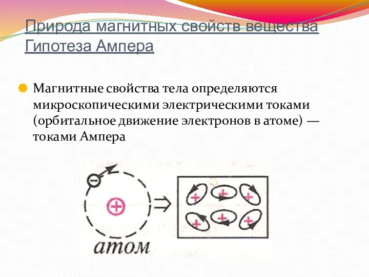 Природа магнитных свойств вещества Гипотеза Ампера Магнитные свойства тела определяются