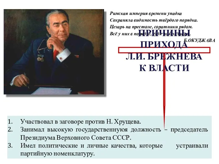 Участвовал в заговоре против Н. Хрущева. Занимал высокую государственнуюя должность