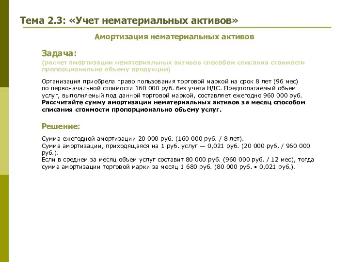 Амортизация нематериальных активов Задача: Решение: (расчет амортизации нематериальных активов способом