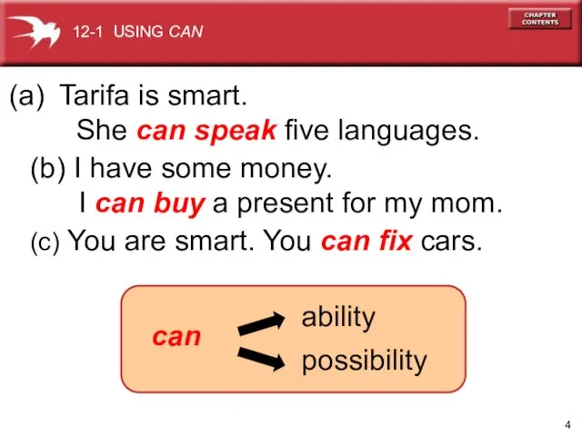 Tarifa is smart. She can speak five languages. (b) I