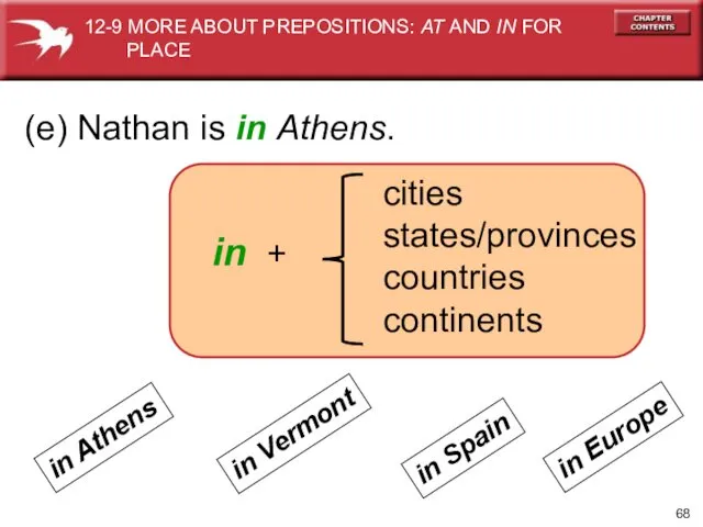 (e) Nathan is in Athens. in + cities states/provinces countries