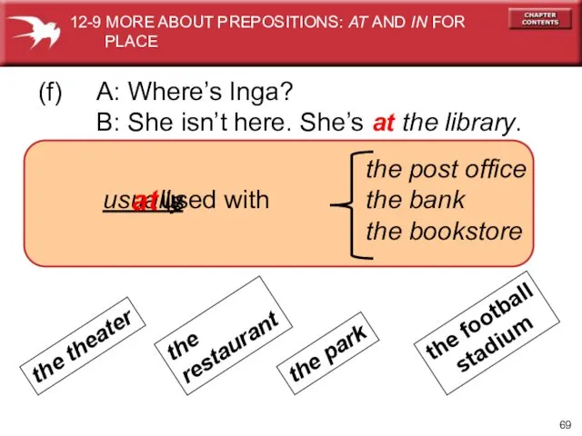 used with usually at is (f) A: Where’s Inga? B:
