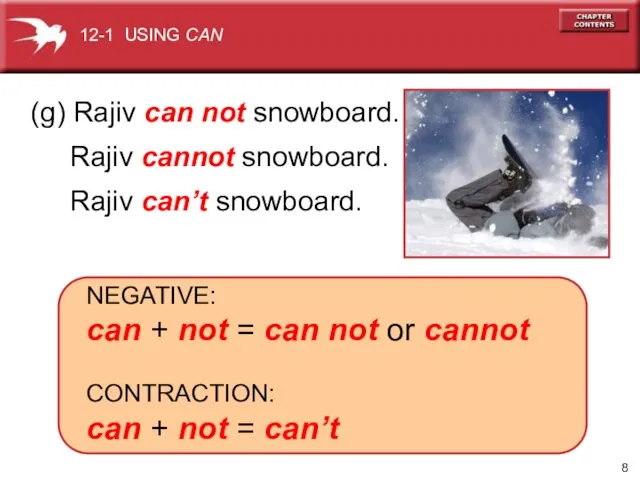 NEGATIVE: can + not = can not or cannot CONTRACTION: