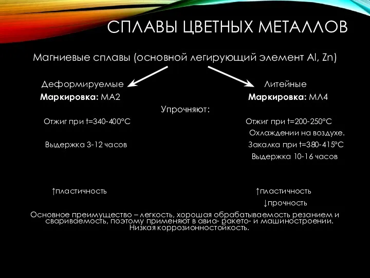 СПЛАВЫ ЦВЕТНЫХ МЕТАЛЛОВ Магниевые сплавы (основной легирующий элемент Al, Zn)