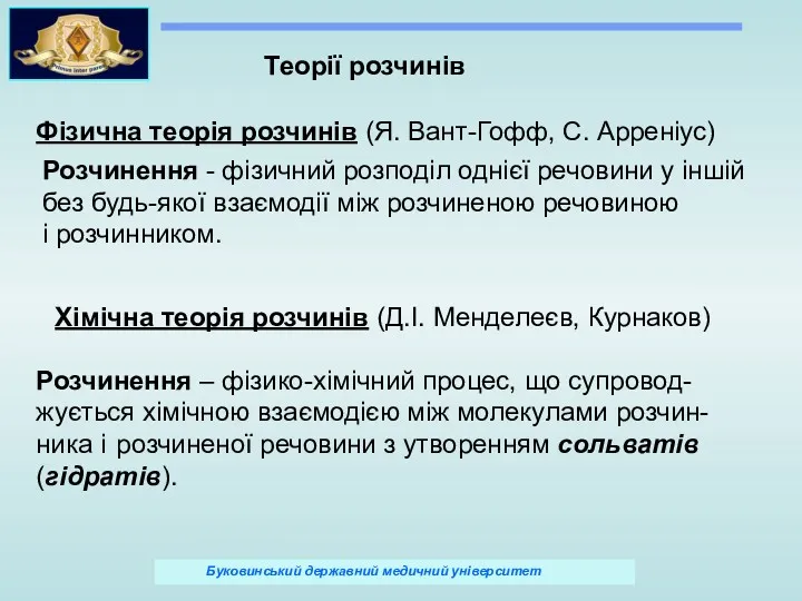 Теорії розчинів Фізична теорія розчинів (Я. Вант-Гофф, С. Арреніус) Розчинення