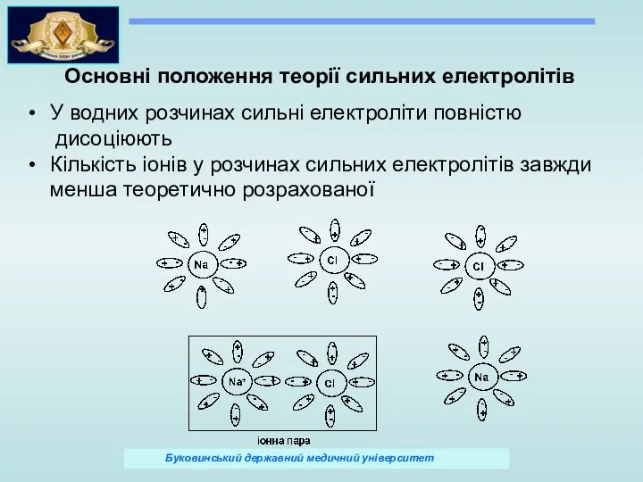 Основні положення теорії сильних електролітів У водних розчинах сильні електроліти