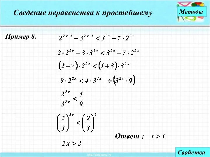 Методы Пример 8. Сведение неравенства к простейшему Свойства