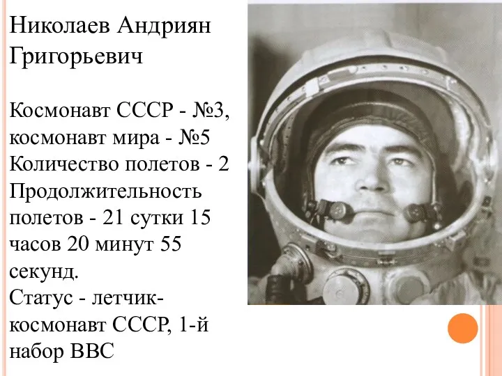 Николаев Андриян Григорьевич Космонавт СССР - №3, космонавт мира -