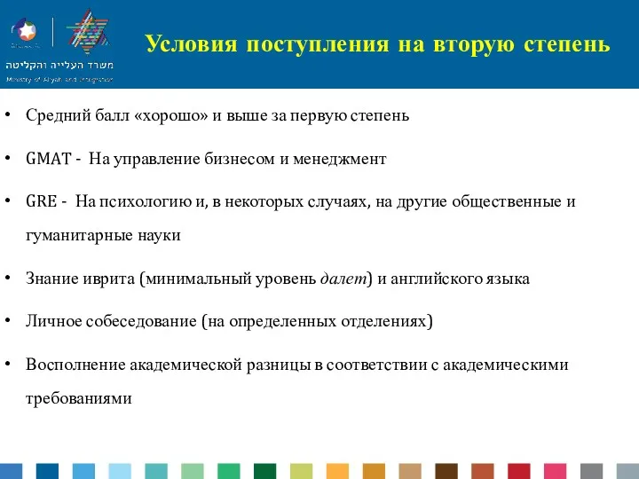 Условия поступления на вторую степень Средний балл «хорошо» и выше