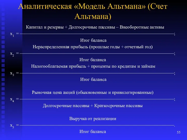 Аналитическая «Модель Альтмана» (Счет Альтмана) Капитал и резервы + Долгосрочные пассивы – Внеоборотные