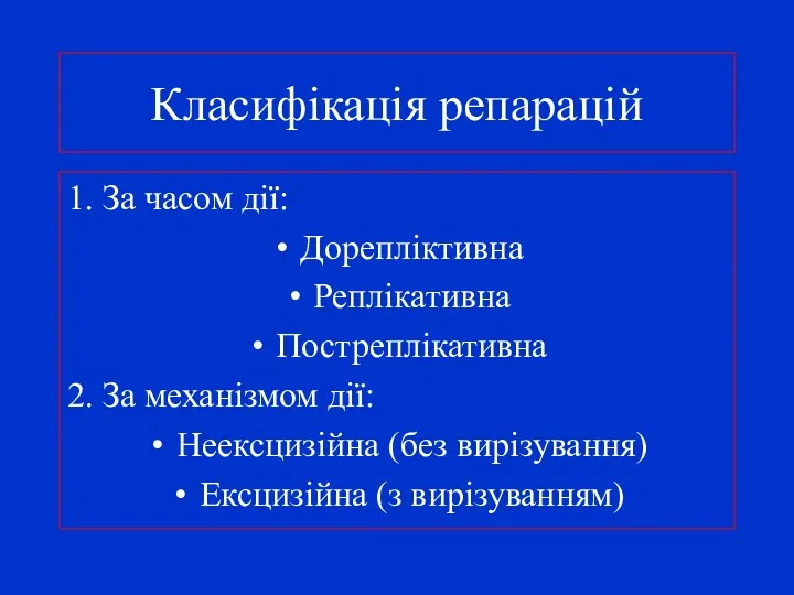 Класифікація репарацій 1. За часом дії: Дорепліктивна Реплікативна Постреплікативна 2.