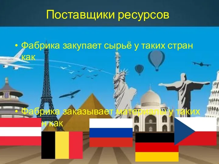 Поставщики ресурсов Фабрика закупает сырьё у таких стран как Фабрика заказывает материалы у таких стран как