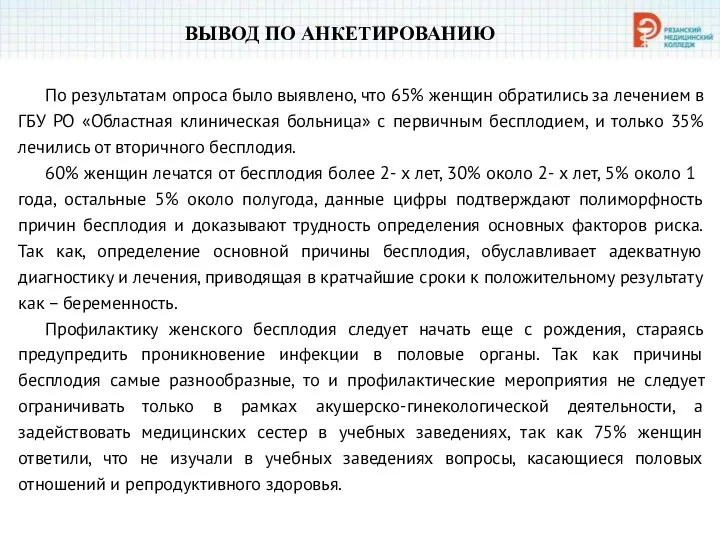 ВЫВОД ПО АНКЕТИРОВАНИЮ По результатам опроса было выявлено, что 65%