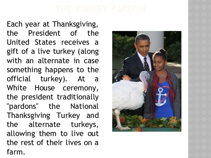 THE TURKEY PARDON Each year at Thanksgiving, the President of