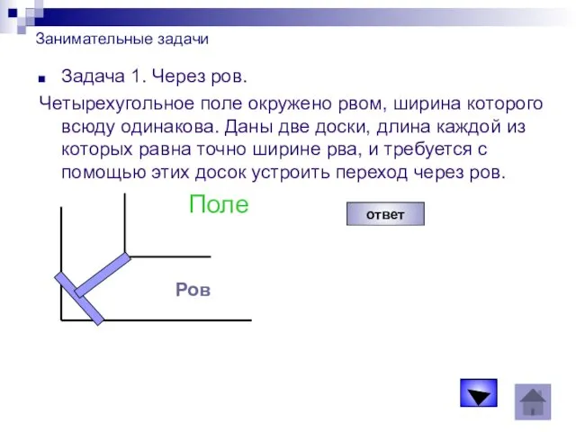 Занимательные задачи Задача 1. Через ров. Четырехугольное поле окружено рвом,