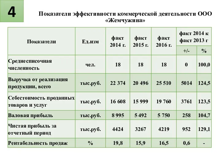 Показатели эффективности коммерческой деятельности ООО «Жемчужина» 4