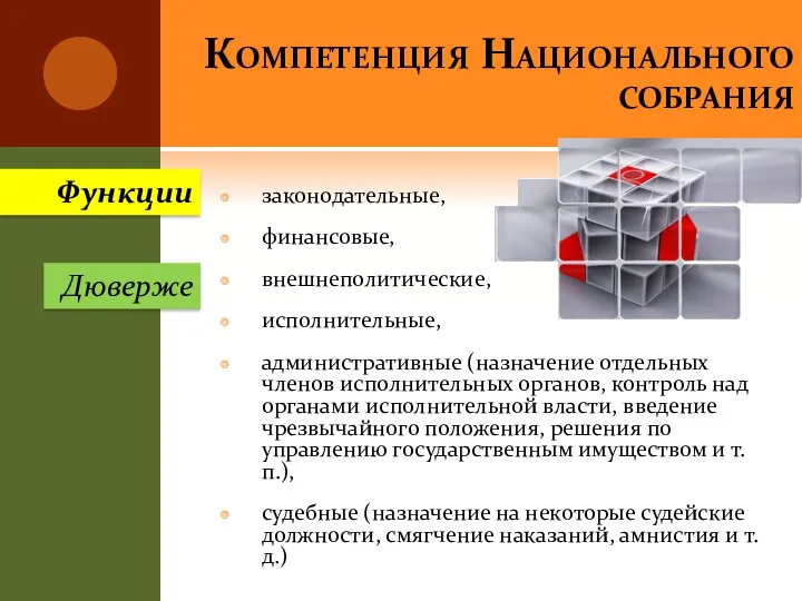 Компетенция Национального собрания законодательные, финансовые, внешнеполитические, исполнительные, административные (назначение отдельных