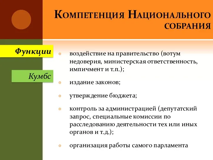 Компетенция Национального собрания воздействие на правительство (вотум недоверия, министерская ответственность,