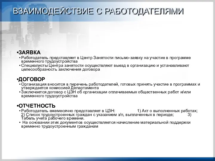 ВЗАИМОДЕЙСТВИЕ С РАБОТОДАТЕЛЯМИ ЗАЯВКА Работодатель представляет в Центр Занятости письмо-заявку