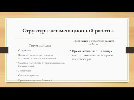 Структура экзаменационной работы. Титульный лист Содержание Введение ( цель задачи,