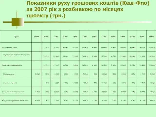 Показники руху грошових коштів (Кеш-Фло) за 2007 рік з розбивкою по місяцях проекту (грн.)