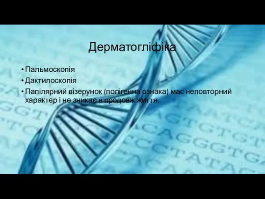 Дерматогліфіка Пальмоскопія Дактилоскопія Папілярний візерунок (полігенна ознака) має неповторний характер і не зникає в продовж життя.